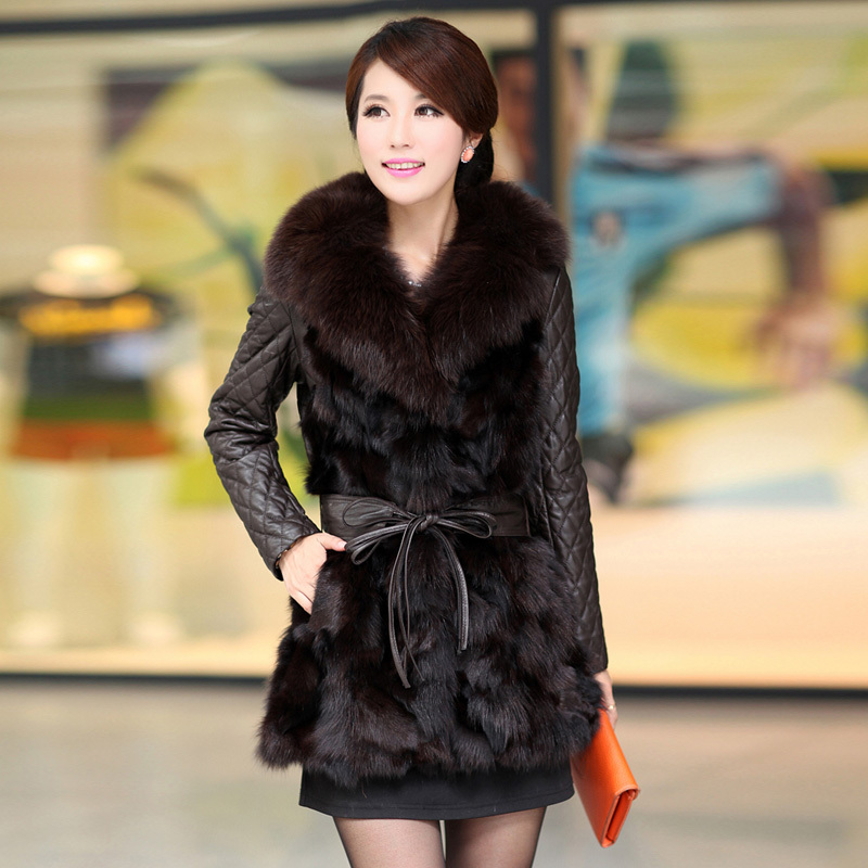 2012 sheepskin patchwork fox wool fur coat slim belt 8236