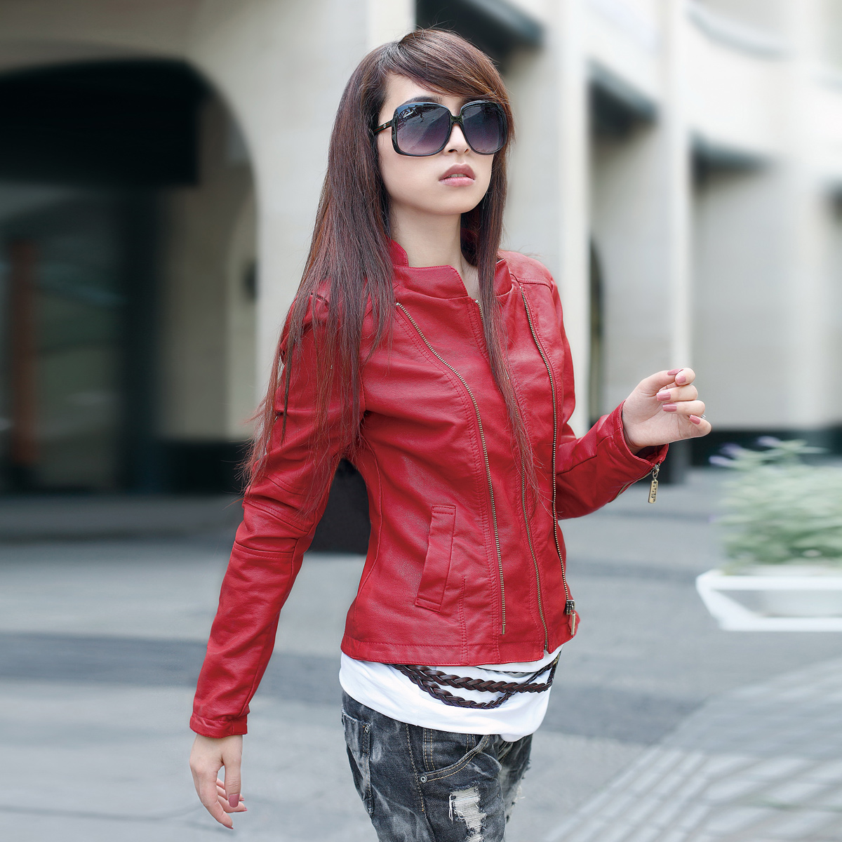 2012 short design slim waist handsome stand collar long-sleeve solid color female leather clothing