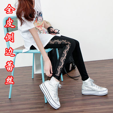 2012 side lace leather pants legging black Women FREE SHIPPING