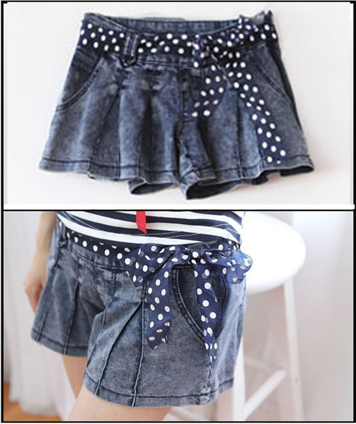 2012 sidepiece zipper dot ribbon women's short denim skorts water wash wide leg pants loose