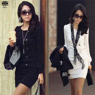 2012 Single-breasted Adorn Long Sleeve OL Dress Bubble Shoulder Round Neck Top  (Drop shipping support!)