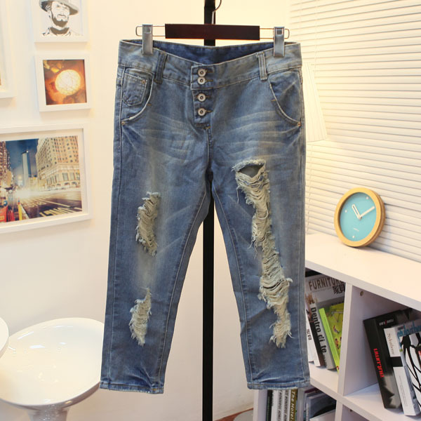 2012 single breasted light color drawing hole jeans b15-2