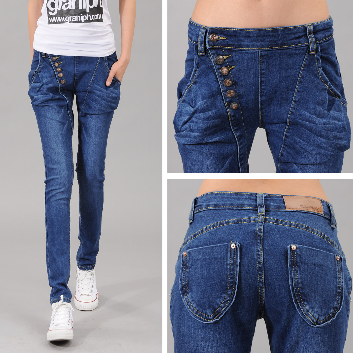 2012 skinny jeans Oblique platoon to buckle slim jeans women female harem pencil pants