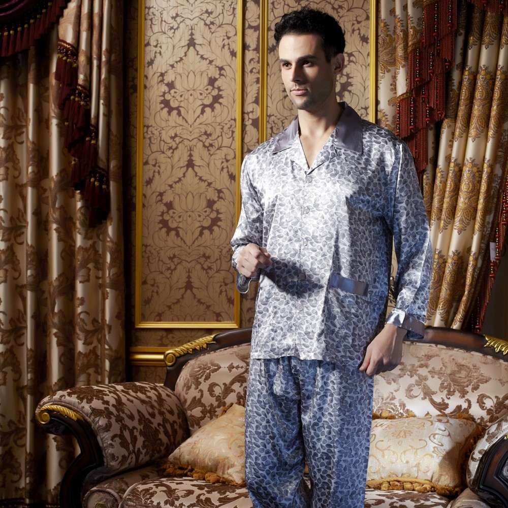 2012 sleepwear male faux silk long-sleeve male plus size set lounge at home service