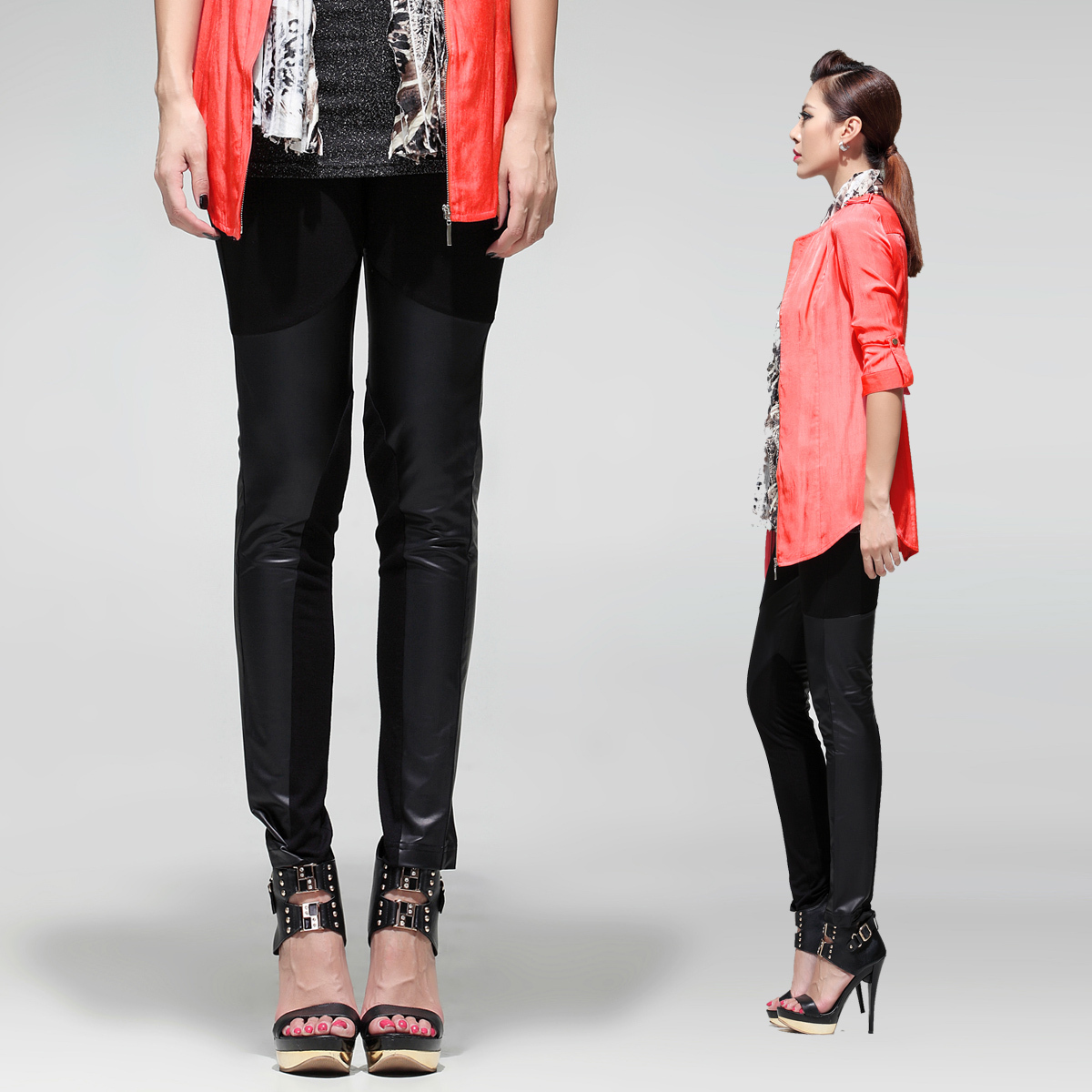 2012 slim all-match patchwork leather pants women's skinny legging pants black