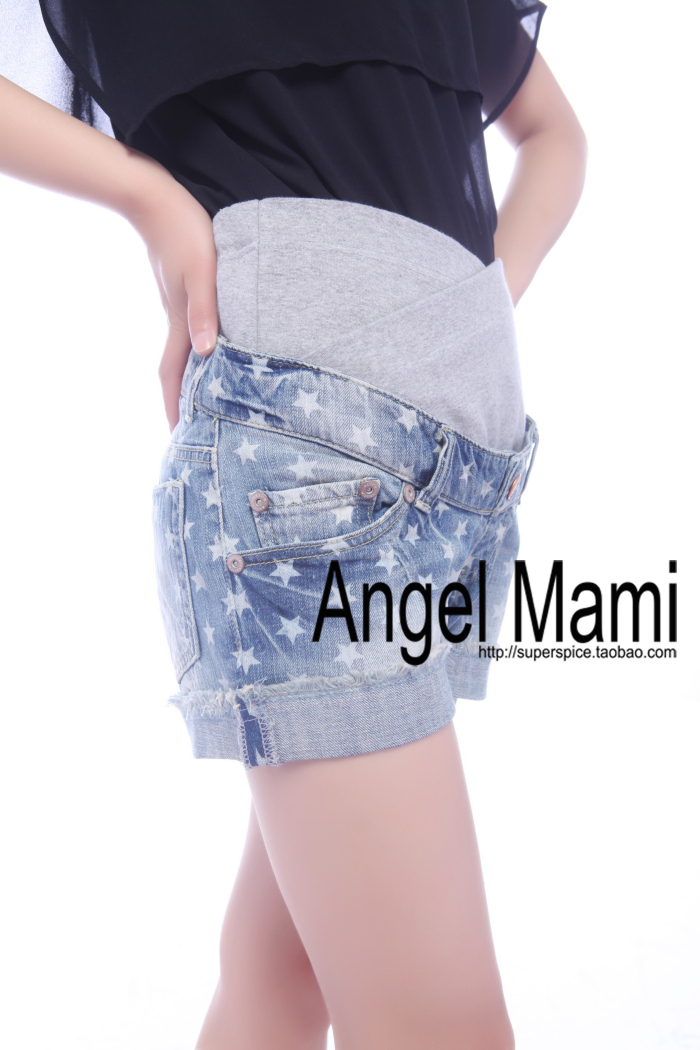 2012 slim all-match print roll up hem maternity denim shorts maternity shorts