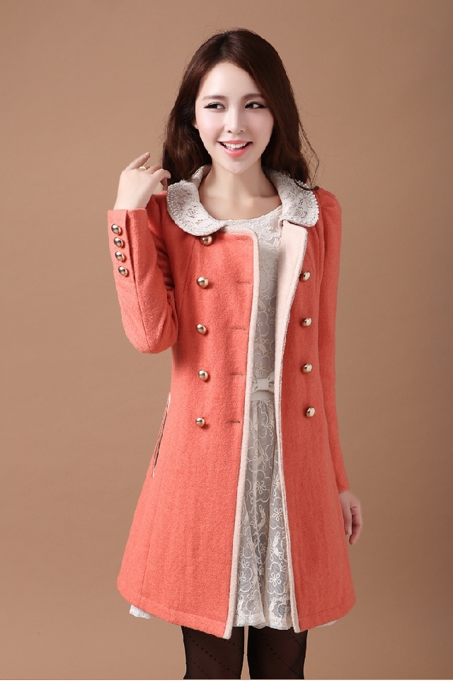 2012 slim double breasted beading o-neck woolen overcoat outerwear trench