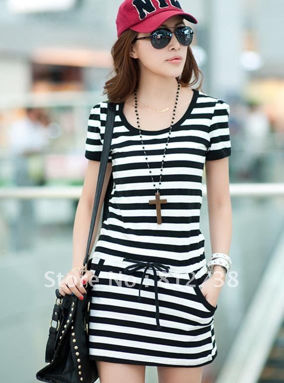 2012 Slim lady loose striped dress cotton waist short sleeve dress free shipping