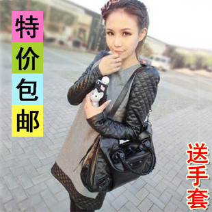 2012 slim plus size woolen one-piece dress patchwork leather shoulder pads small long-sleeve dress