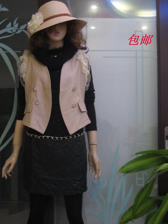 2012 slim preppy style camel sweet lace water washed leather vest leather clothing outerwear female