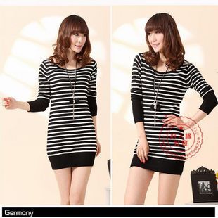 2012 slim pullover women's low o-neck medium-long knitted loose black and white stripe sweater