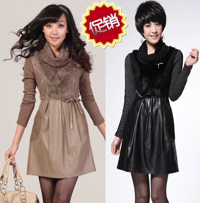 2012 slim rabbit fur long-sleeve PU one-piece dress plus size leather skirt