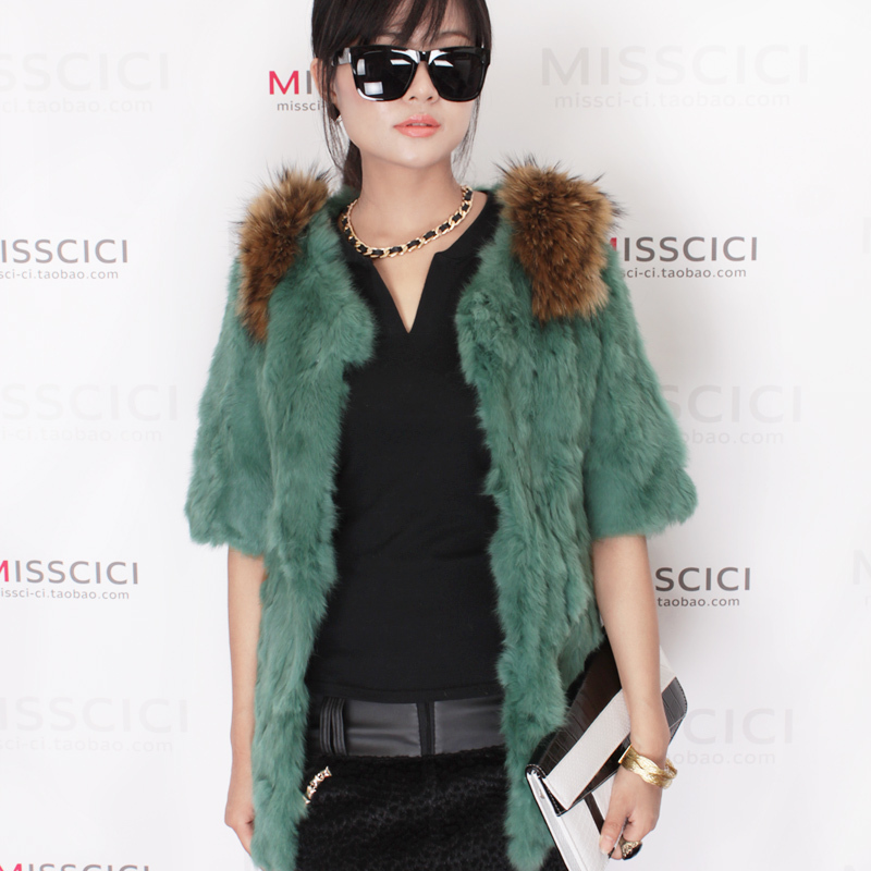 2012 slim raccoon fur rabbit fur medium-long half sleeve fur coat