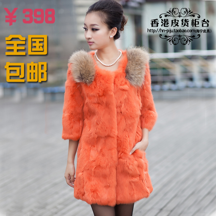 2012 slim raccoon fur rabbit fur three quarter sleeve women's medium-long outerwear