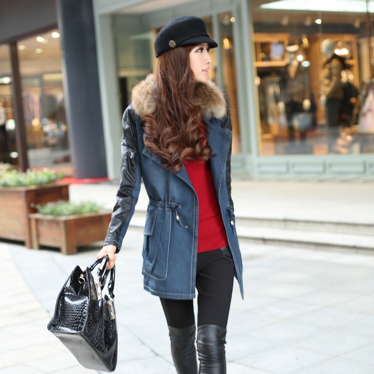 2012 slim waist fashion belt denim patchwork trench medium-long outerwear fur collar