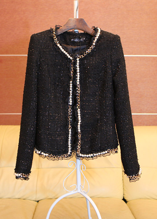 2012 small pearl chain tweed fabric ladies elegant slim short jacket g2