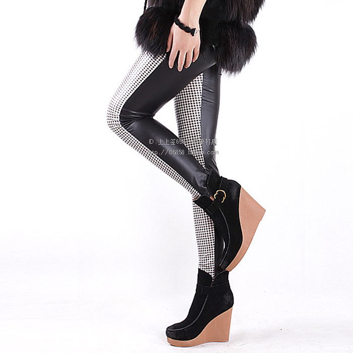 2012 small plaid patchwork dull faux leather pants autumn and winter women's legging patchwork