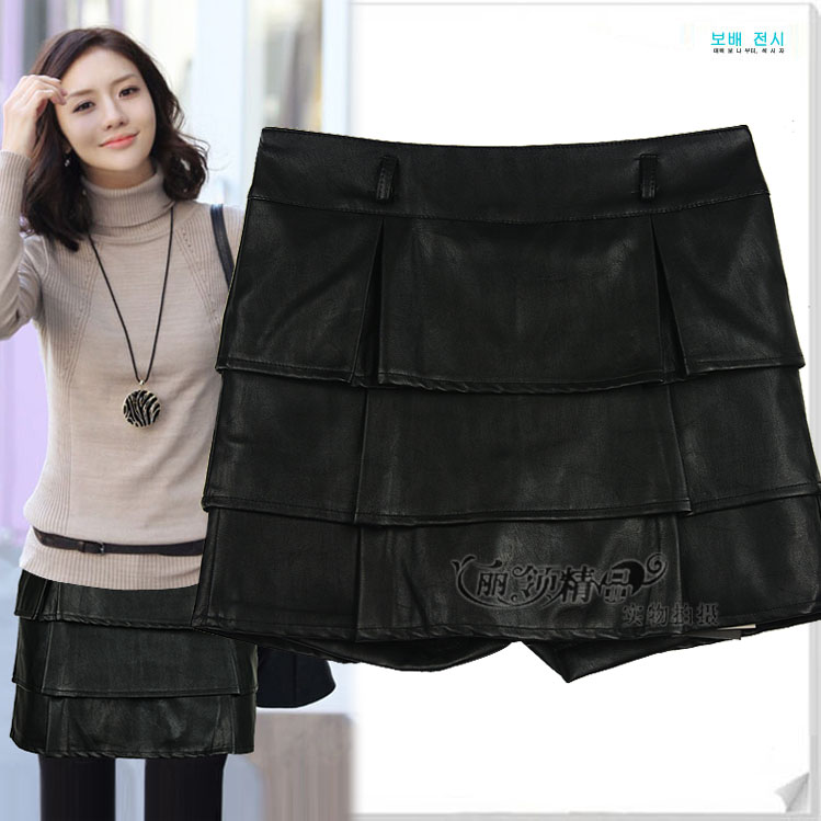 2012 soft faux leather PU all-match leather pants shorts layered dress pants mid waist plus size skorts