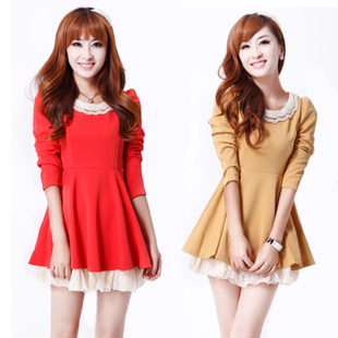 2012 solid color peter pan collar slim long-sleeve plus size pearl lace autumn and winter one-piece dress