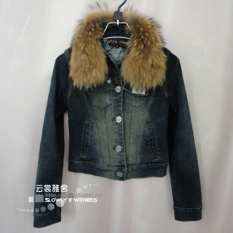 2012 spring and autumn fashion Dark Blue retro finishing fur collar fur short jacket denim outerwear top women's