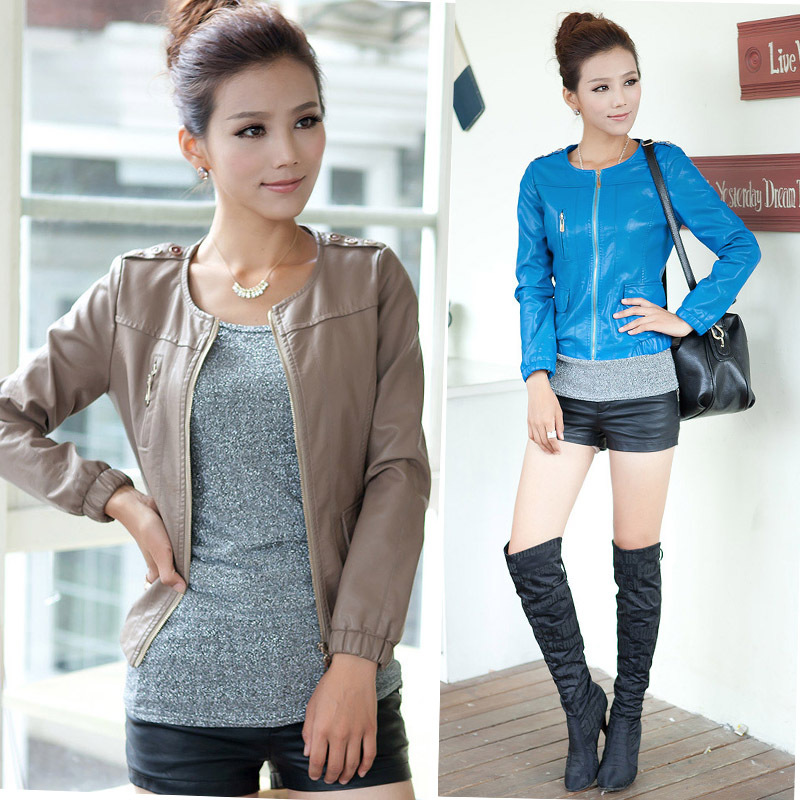 2012 spring and autumn female fashion elegant o-neck zipper short design PU clothing outerwear short design leather clothing