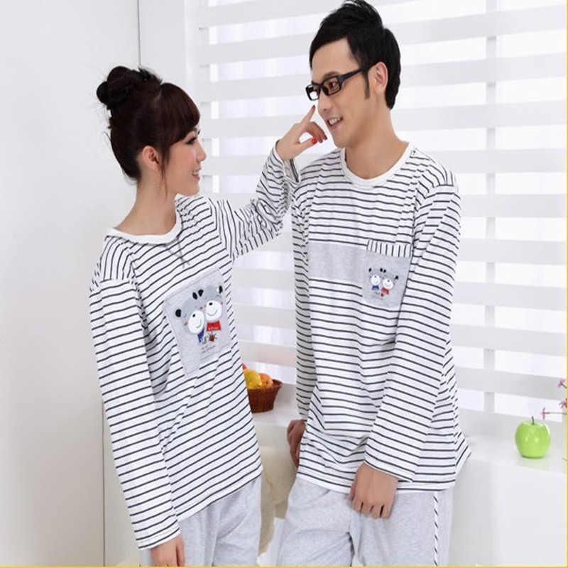 2012 spring and autumn full 100% cotton lovers long-sleeve cartoon stripe bear lounge set sleepwear