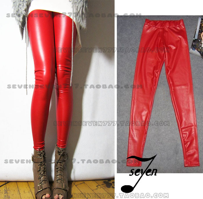 2012 spring and autumn high waist red tight shiny slim faux leather legging