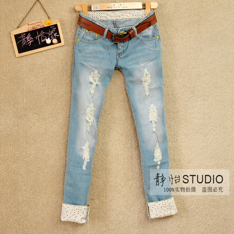 2012 spring and autumn hole jeans straight pants low-waist light color roll-up hem denim trousers female