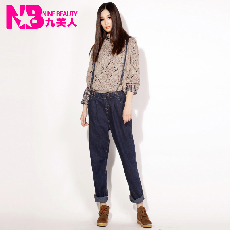 2012 spring and autumn jeans bib pants straight pants trousers plus size loose female