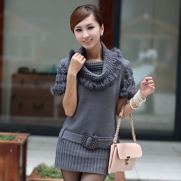 2012 spring and autumn ladies rabbit fur knitted clothing short-sleeve sweater gray/white/brown very sot with waist belt design