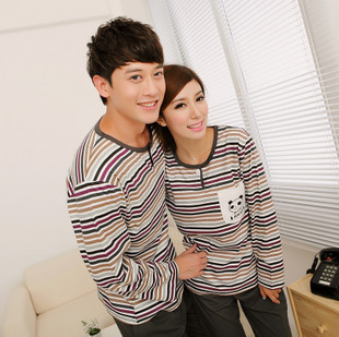 2012 spring and autumn long-sleeve coffee stripe cotton 100% lovers sleepwear male women's lounge set