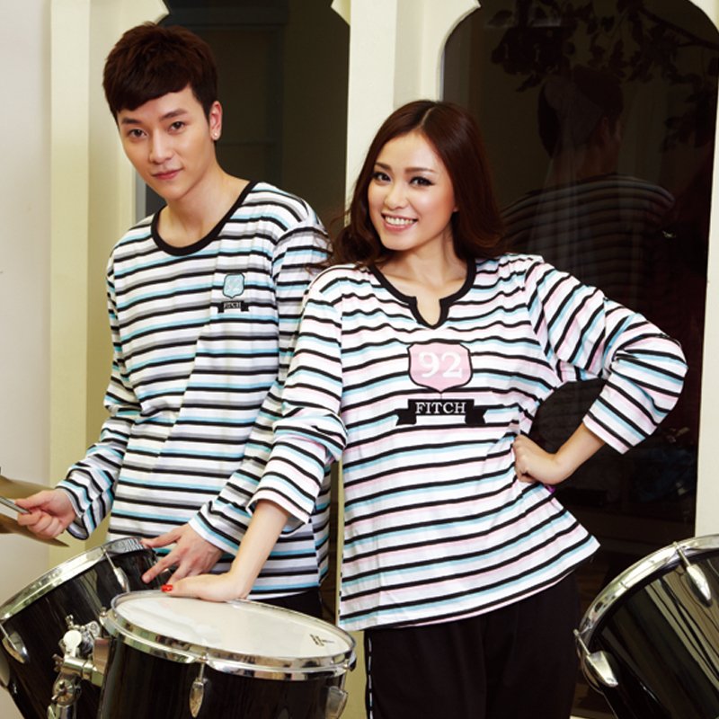 2012 spring and autumn lovers cotton sleep set stripe casual lounge V-neck