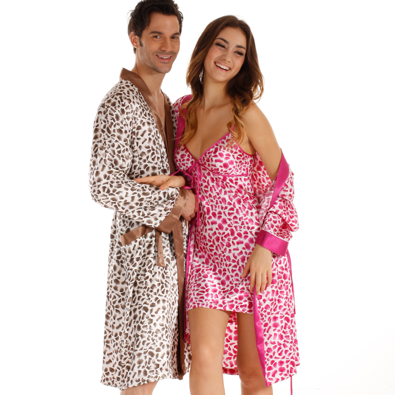 2012 spring and autumn lovers sleepwear twinset female long-sleeve silk robe sexy spaghetti strap nightgown leopard print lounge