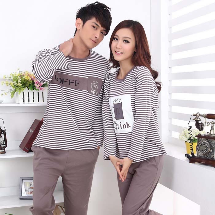 2012 spring and autumn lovers stripe 100% cotton sleepwear 100% cotton long-sleeve male women's sleepwear lounge set