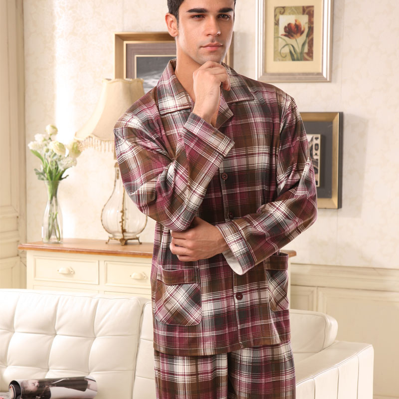 2012 spring and autumn male 100% cotton long-sleeve sleep set brief casual plaid at home service