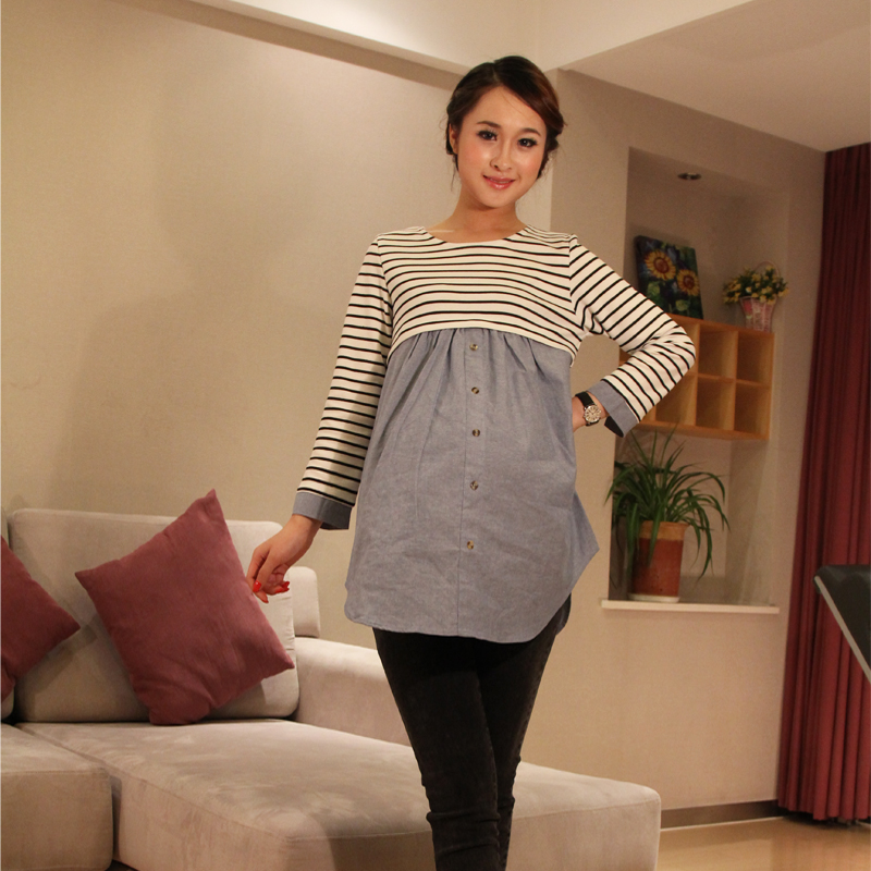 2012 spring and autumn maternity clothing 100% cotton nursing t-shirt shirt fashion long-sleeve stripe top