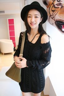 2012 spring and autumn new arrival female fashion personality cutout hole black pullover medium-long sweater