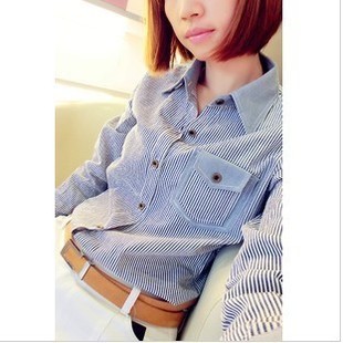 2012 spring and autumn new arrival female fashion slim blue vertical stripe turn-down collar long-sleeve cotton shirt female