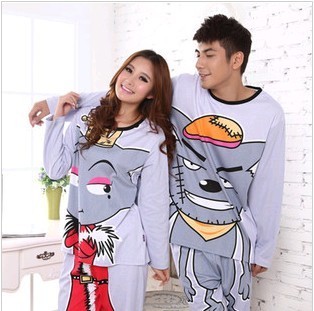 2012 spring and autumn one piece cartoon long-sleeve lovers knitted cotton plus size plus size sleepwear