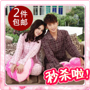 2012 spring and autumn plaid lovers sleepwear female 100% cotton long-sleeve lovers lounge shirt set