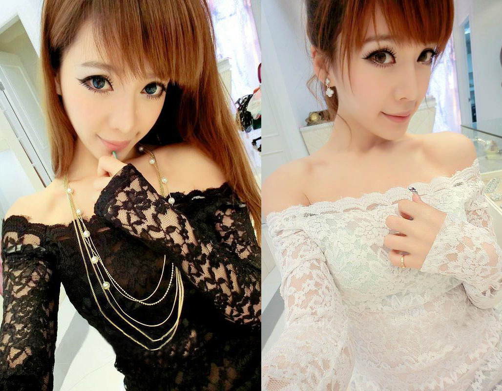 2012 spring and autumn sexy lace slit neckline strapless long-sleeve basic shirt lace shirt lace basic shirt