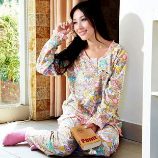 2012 spring and autumn sleepwear female 100% cotton long-sleeve thickening lounge set