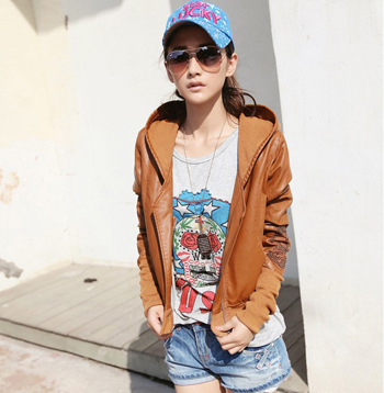 2012 spring and autumn women's clothes loose hooded skull rhinestones thermal leather clothing short jacket long-sleeve