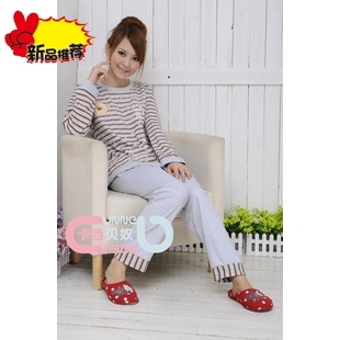 2012 spring and autumn women's coffee stripe lounge sleepwear female long-sleeve casual sleepwear