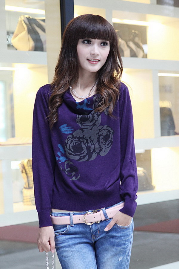 2012 spring and autumn women's print slit neckline basic shirt loose knitted outerwear sweater