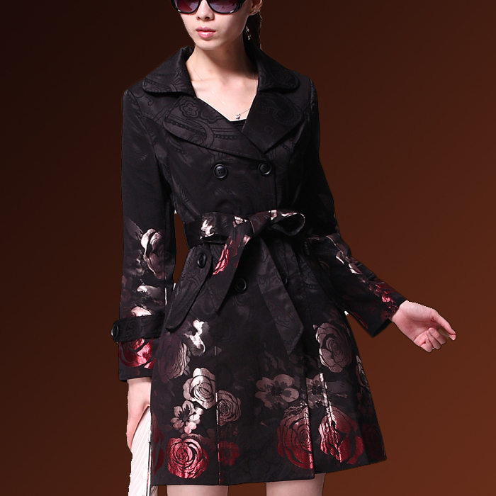 2012 spring and autumn women's rose jacquard plus size slim thin medium-long trench outerwear