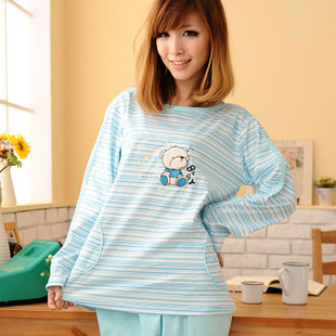 2012 spring and autumn women's stripe bear 100% cotton long-sleeve sleepwear female cartoon o-neck sleepwear