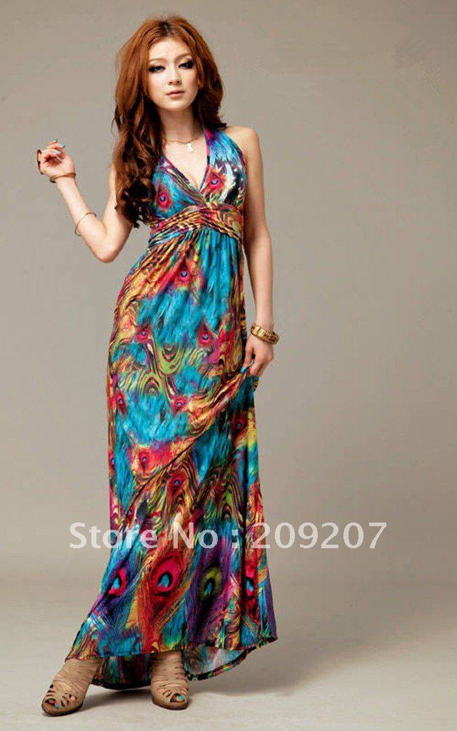 2012 spring and summer chromic peacock deep V-neck long design one-piece dress