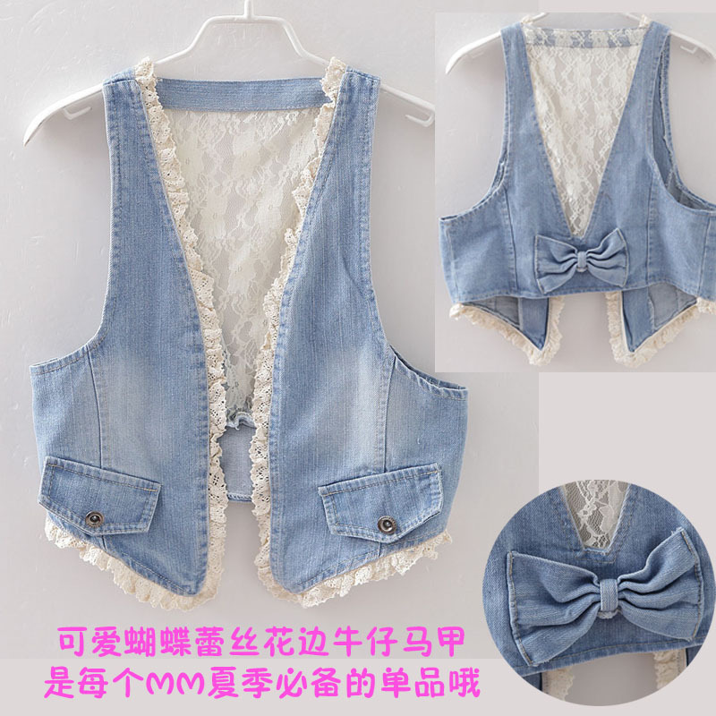 2012 spring and summer denim lace vest cutout laciness female vest outerwear sleeveless vest female jeans vest