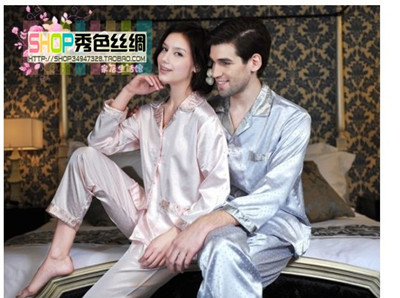 2012 spring and summer faux silk sleep set male female lounge long sleeve length pants lovers set